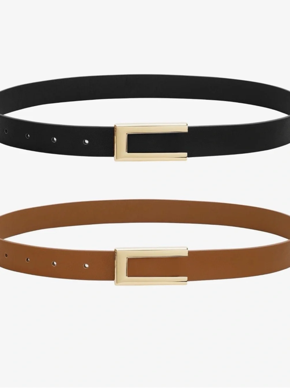 Set of Two Black & Cognac Gold Buckle Skinny Faux Leather Belts - Picture 2 of 6